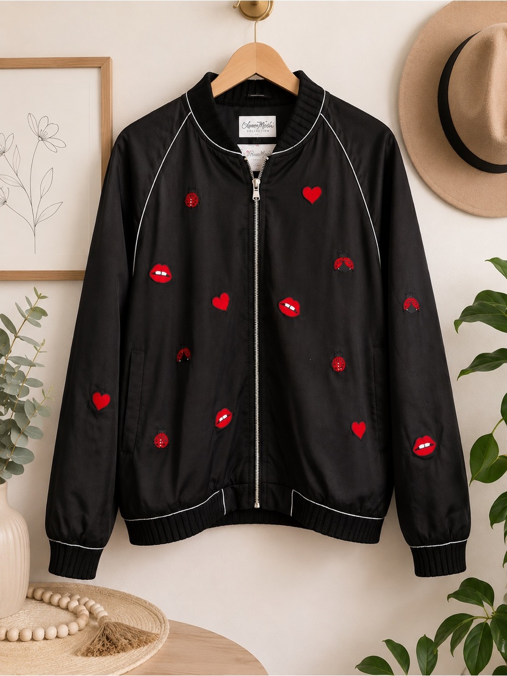 Lauren Moshi Limited Edition Embroidered Bomber Jacket Lips Hearts Ladybugs, L